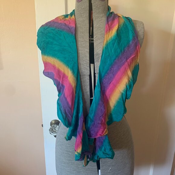 Silk Rainbow Scarf Hand Dyed Stripe Multicolor Ruffle Shawl Artsy Maximalist - Picture 2 of 6